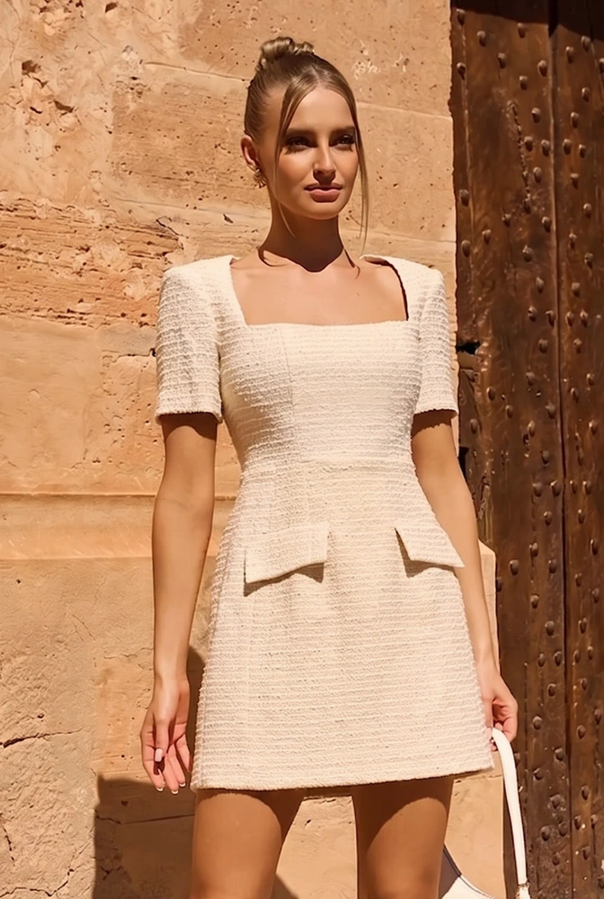 Sloane Beige - Minikleid mit Schulterpolstern
