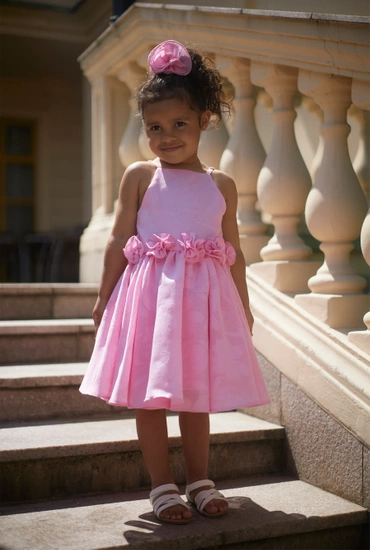 Dive - Babykleid in Rosatönen mit handgefertigten Blumen und verstellbaren Trägern + Haarband