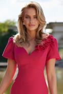 Umbra - Mini dress in intense pink shade with stretch fabric, buff sleeves and detachable brooch