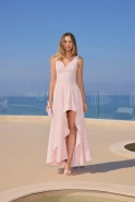 Elmina – light pink midi dress with an asymmetrical hem