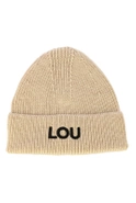 Beigefarbene Wintermütze mit Lou-Logo