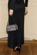 Ariana - Black Maxi Dress with Ornamental Buckle, Shoulder Pads and Zircons
