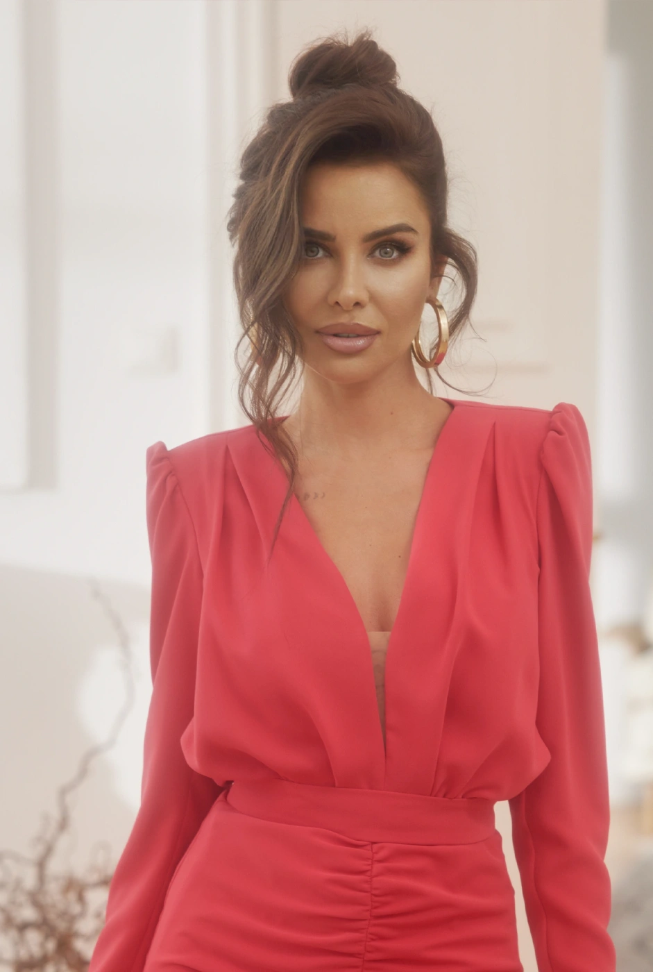 Haga - Red mini evening dress with buffets and mesh neckline