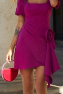 Verve - Asymmetrical mini dress with rhinestones, square neckline and buff sleeves in amaranth color