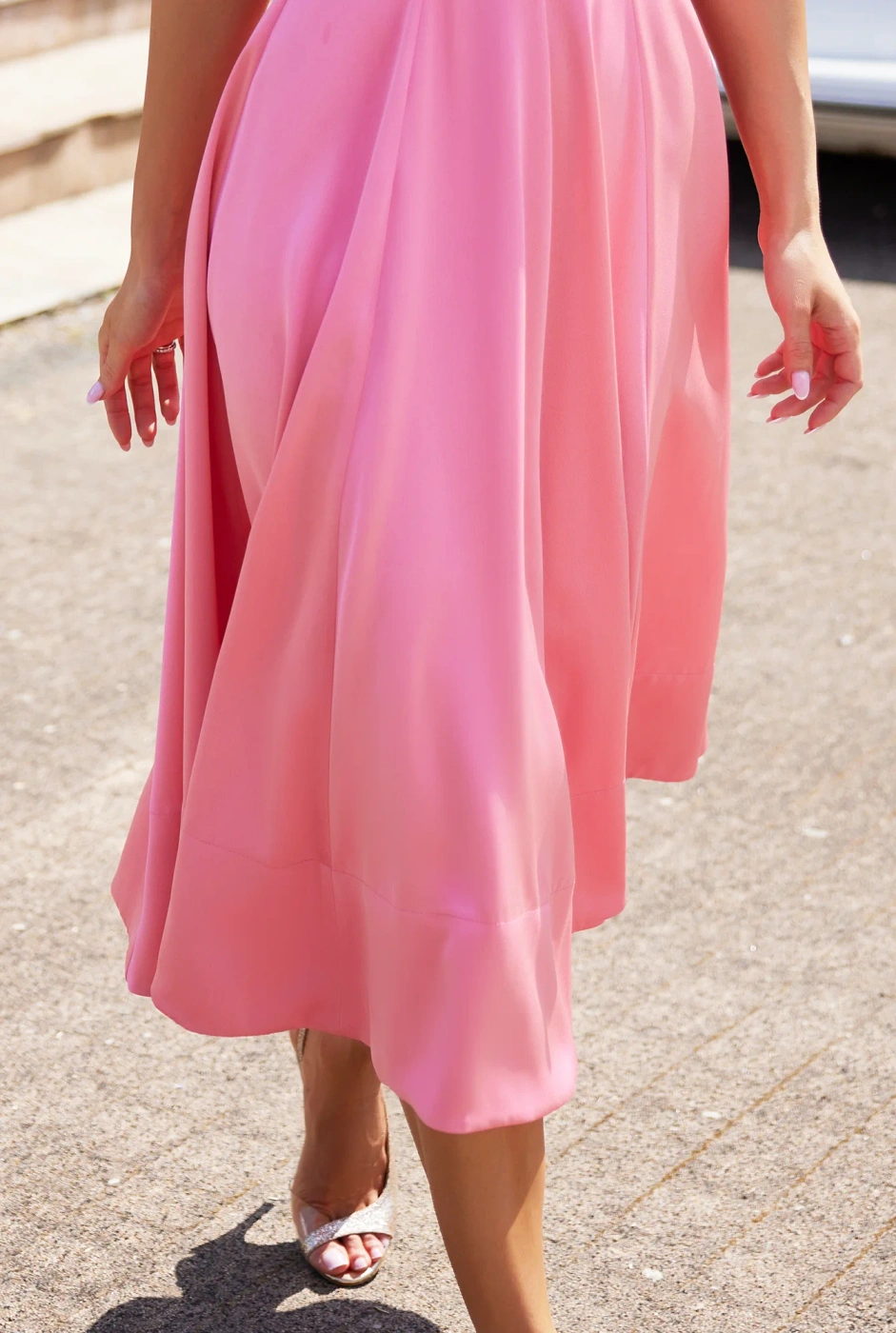 Ritz - Asymmetrical Pink Midi Dress with Detachable Flower