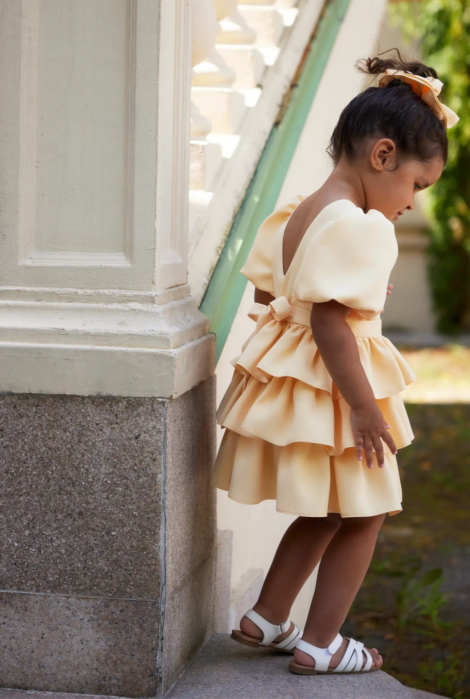 Tide - Yellow Children's Dress with Buff Sleeves and Frills + Hariband