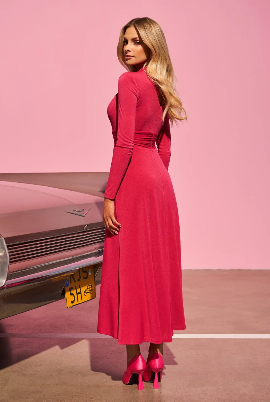 Urge - Elegant Midi Dress in Fuchsia Color