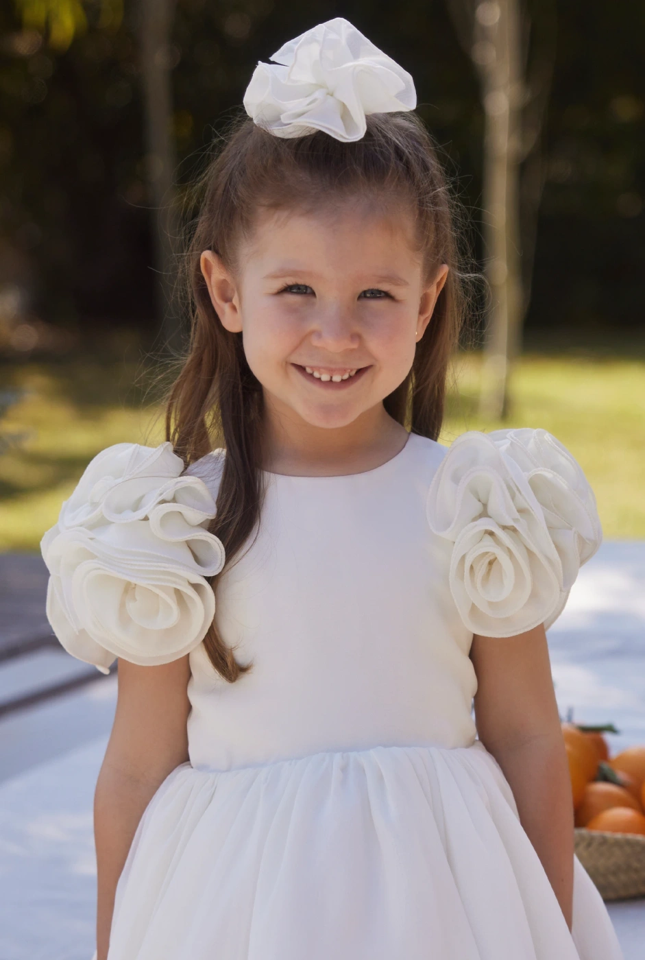 Ajla - Children's Waist Crinkle Dress with Floral Appliques and Asymmetrical Bottom