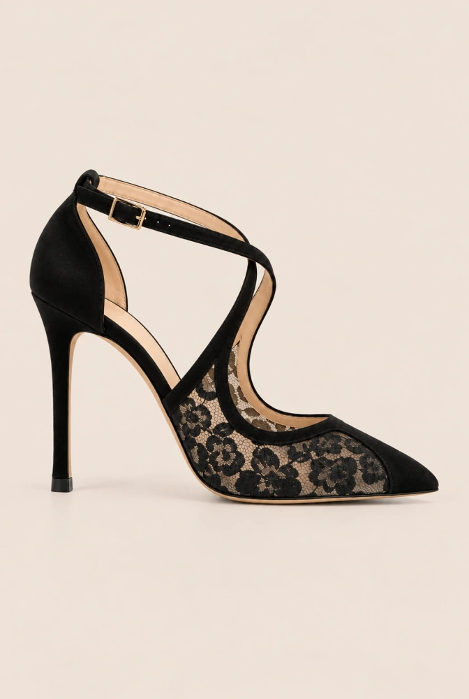 Chiari – schwarze Wildleder-Pumps mit Spitzen-Detail
