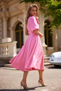 Ritz - Asymmetrical Pink Midi Dress with Detachable Flower