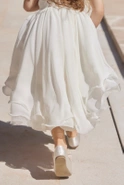 Ajla - Children's Waist Crinkle Dress with Floral Appliques and Asymmetrical Bottom