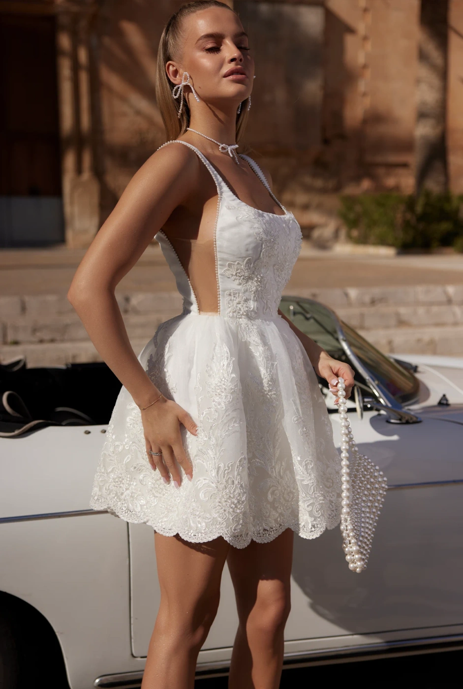 Siula - Mini Wedding Dress with a Unique Pattern and Pearl Trim