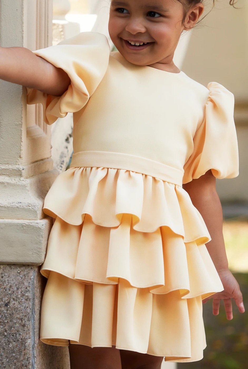 Tide - Yellow Children's Dress with Buff Sleeves and Frills + Hariband
