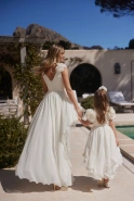Ajla - Children's Waist Crinkle Dress with Floral Appliques and Asymmetrical Bottom