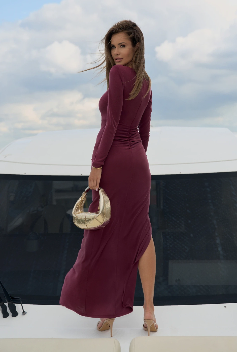 Ximena – burgundy maxi dress with a cut-out and decorative twist
