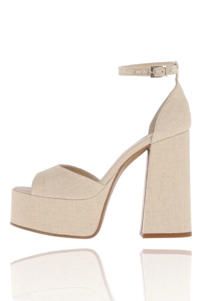 Linen - Plateausandalen aus Leinen mit Lederfutter und goldener Schnallenverzierung