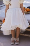 Ajla - Children's Waist Crinkle Dress with Floral Appliques and Asymmetrical Bottom