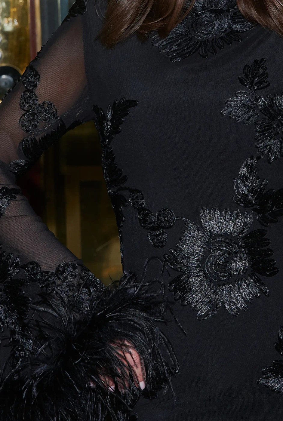 Unella – black mini dress with feathers