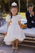 Ajla - Children's Waist Crinkle Dress with Floral Appliques and Asymmetrical Bottom