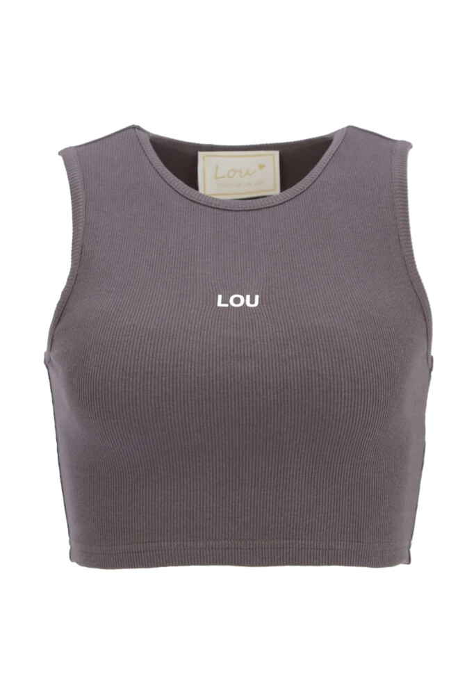 Saura - ein kurzes, graphitfarbenes trägerloses Top