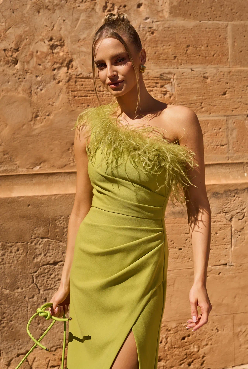 Jamila - asymmetrical maxi dress with feathers