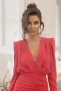 Haga - Red mini evening dress with buffets and mesh neckline