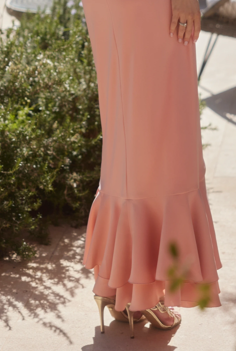 Airine - Corset Dress in Peach Shade with Asymmetrical Neckline and Frills