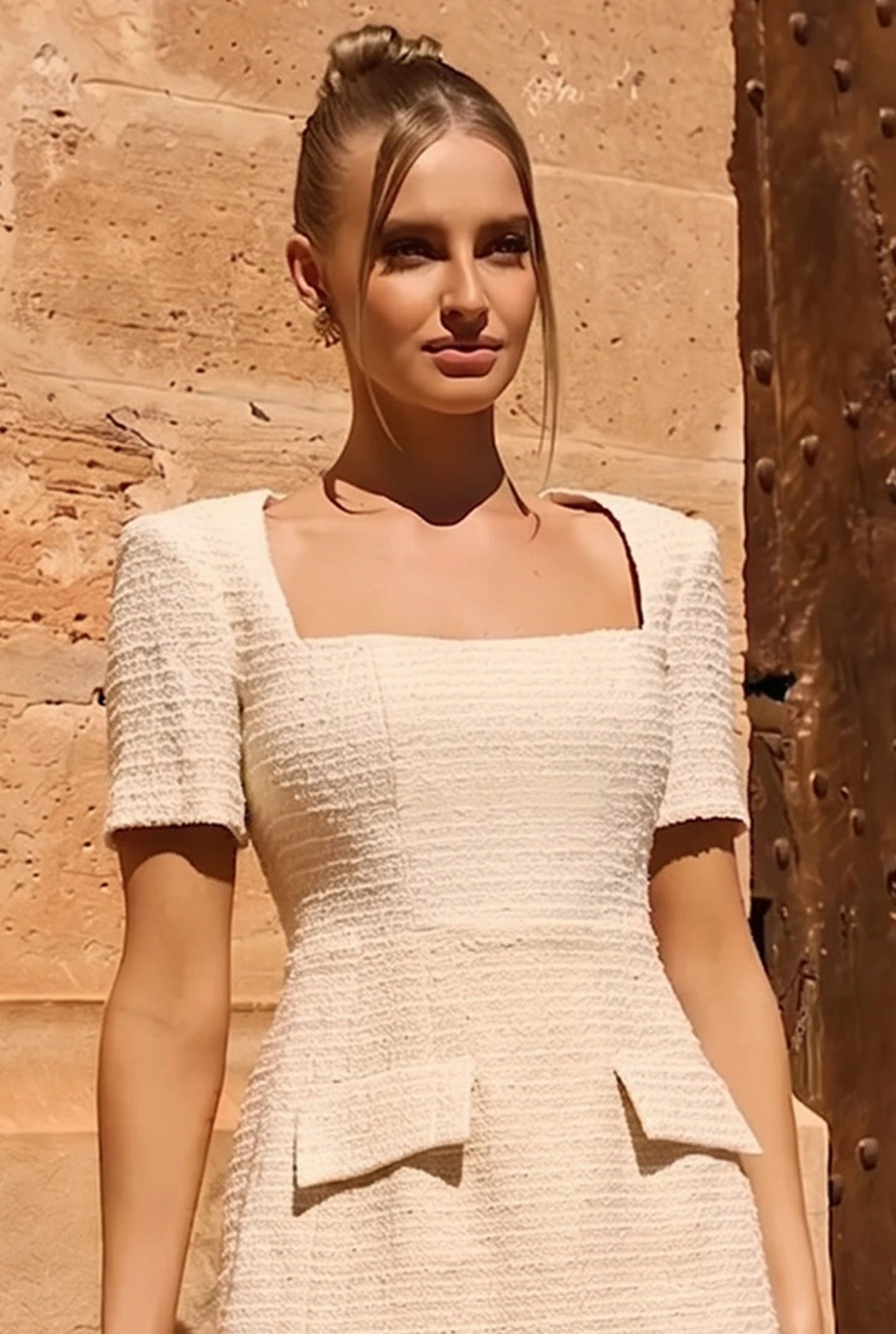 Sloane Beige - mini dress with shoulder pads