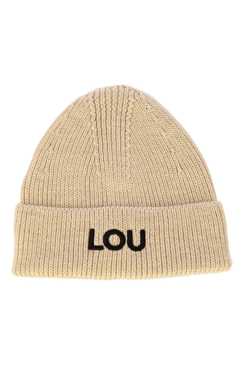 Beigefarbene Wintermütze mit Lou-Logo