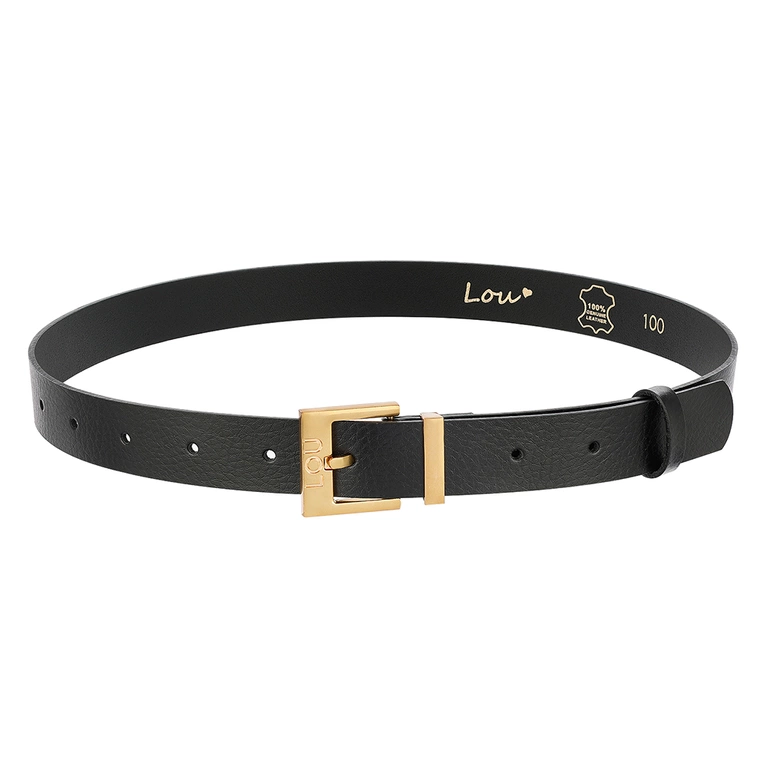 Charo Gürtel - Schwarzer Ledergürtel mit luxuriöser Goldschnalle und eingraviertem Lou-Logo