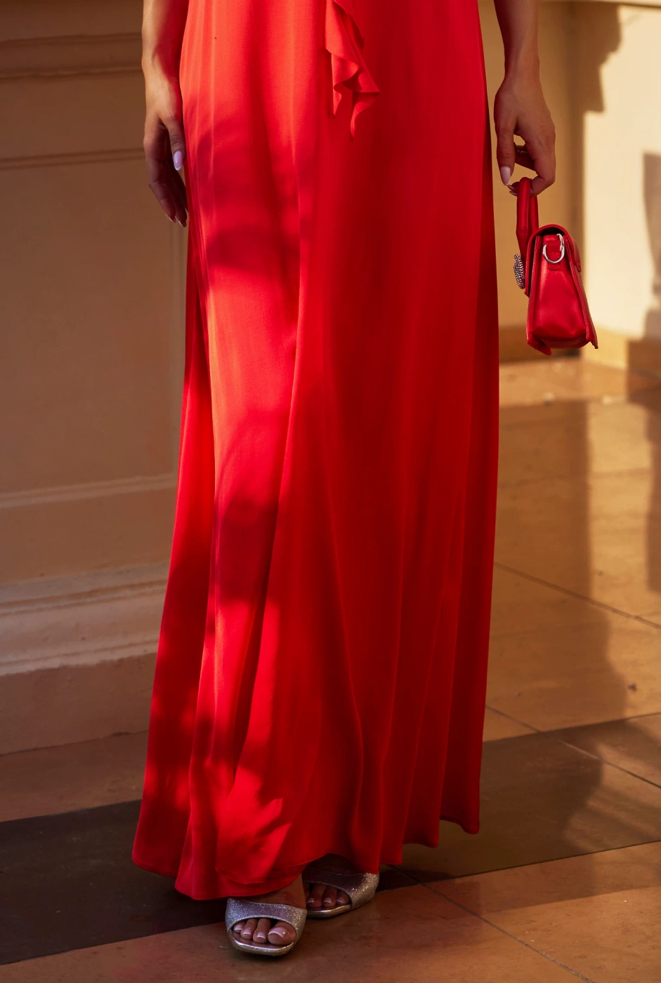 Nazani - Viscose Maxi Empire Dress with Adjustable Straps and Handmade Applique on the Bust