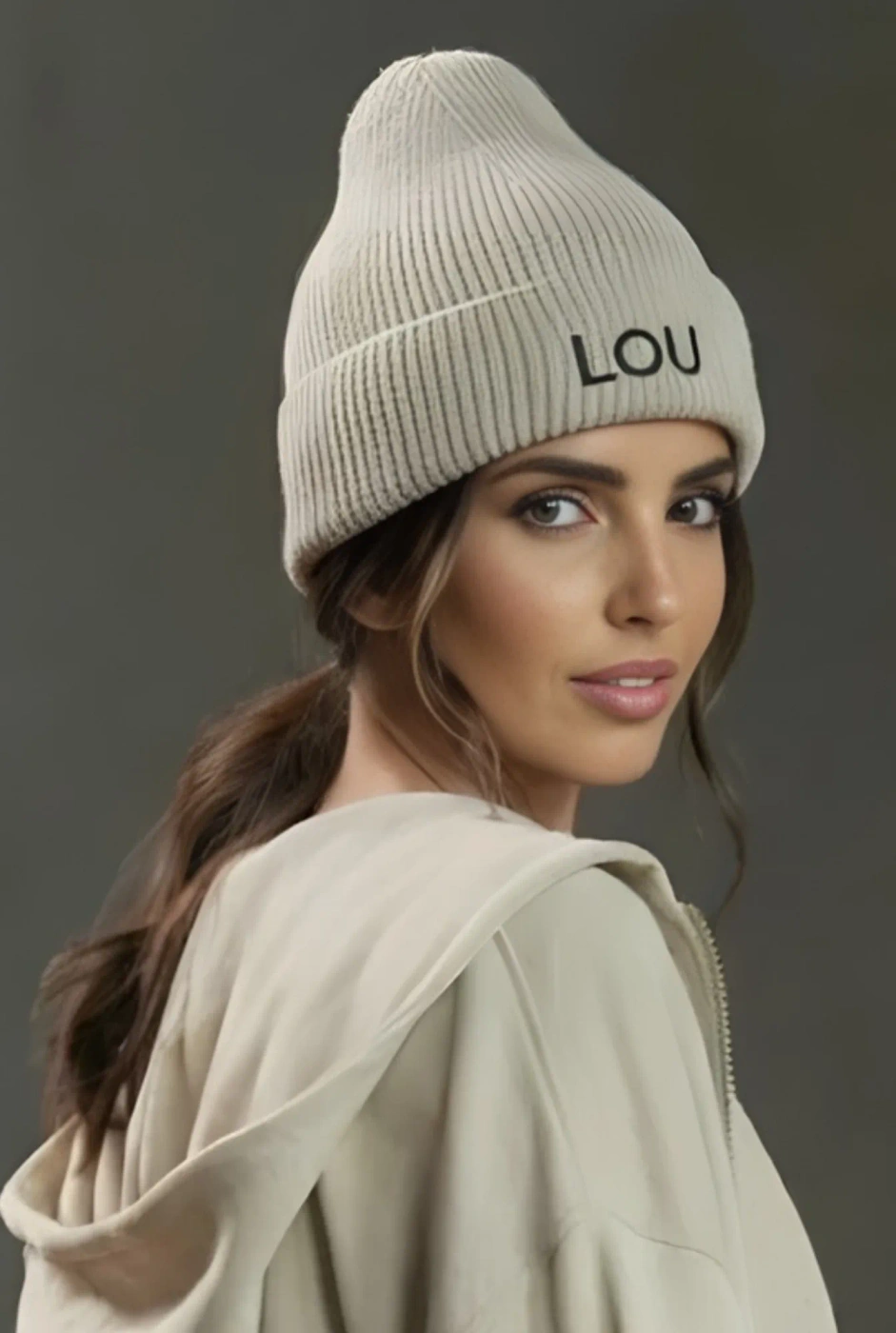 Beige Winter Beanie with Lou Logo