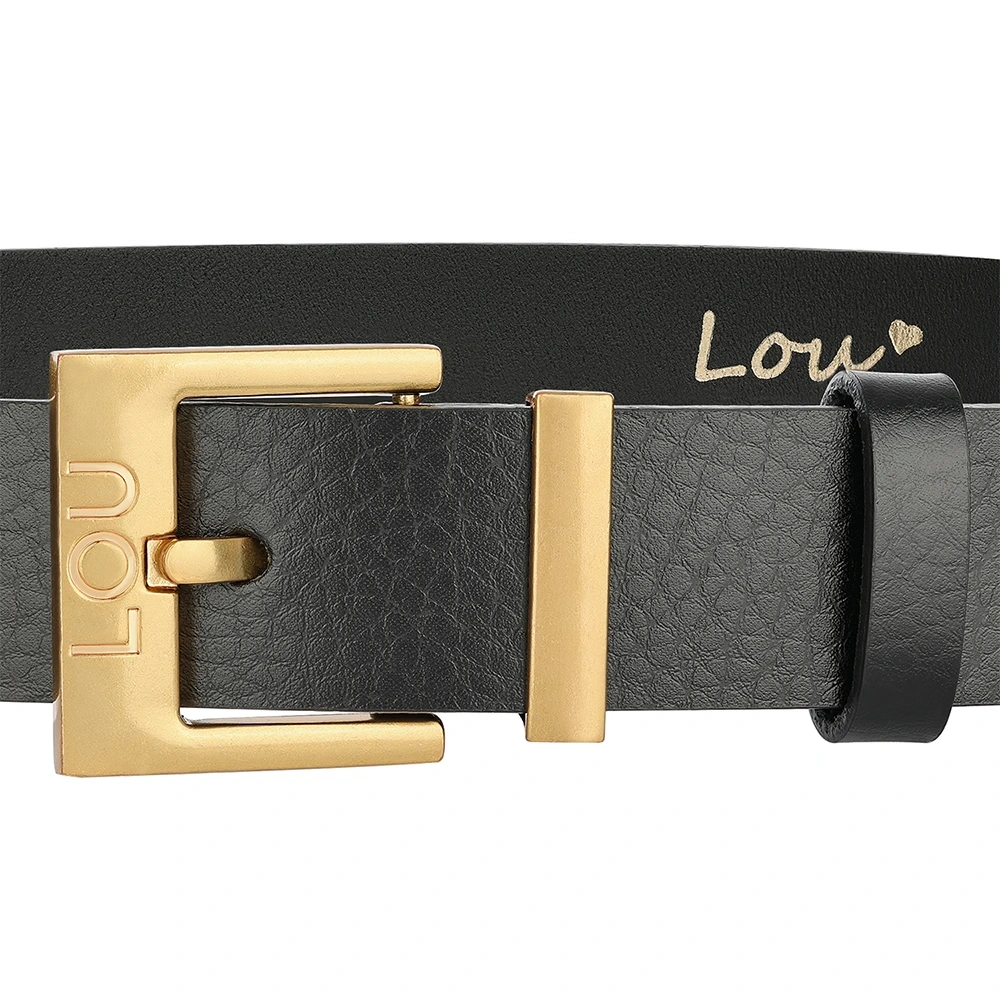 Charo Gürtel - Schwarzer Ledergürtel mit luxuriöser Goldschnalle und eingraviertem Lou-Logo
