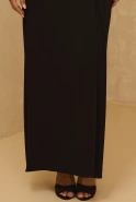 Ariana - Schwarzes Maxikleid mit verschnörkelter Schnalle, Schulterpolstern und Zirkonen