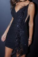 Raisa - Black Mini Dress with Feathers and Sequins