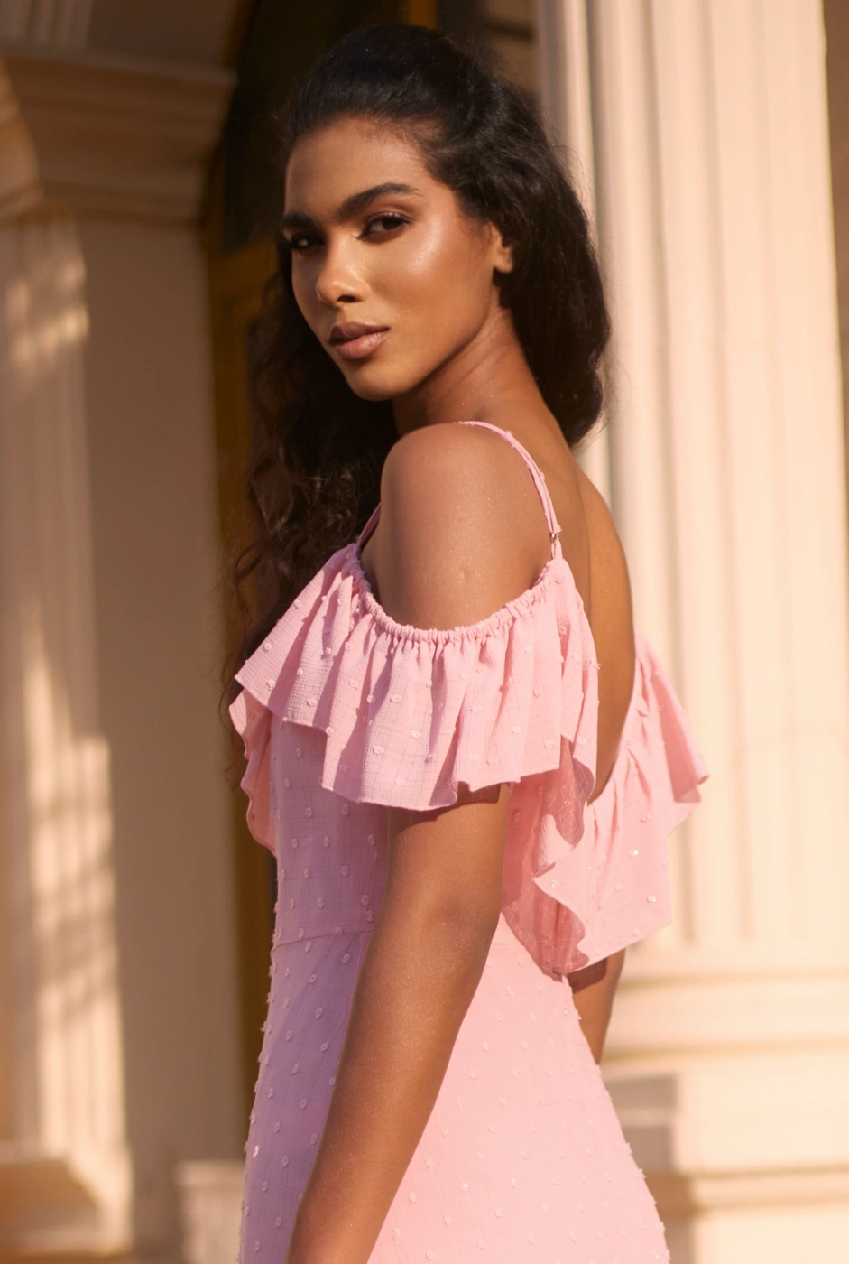 Lucette - Pink maxi dress with Spanish neckline