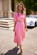 Ritz - Asymmetrical Pink Midi Dress with Detachable Flower