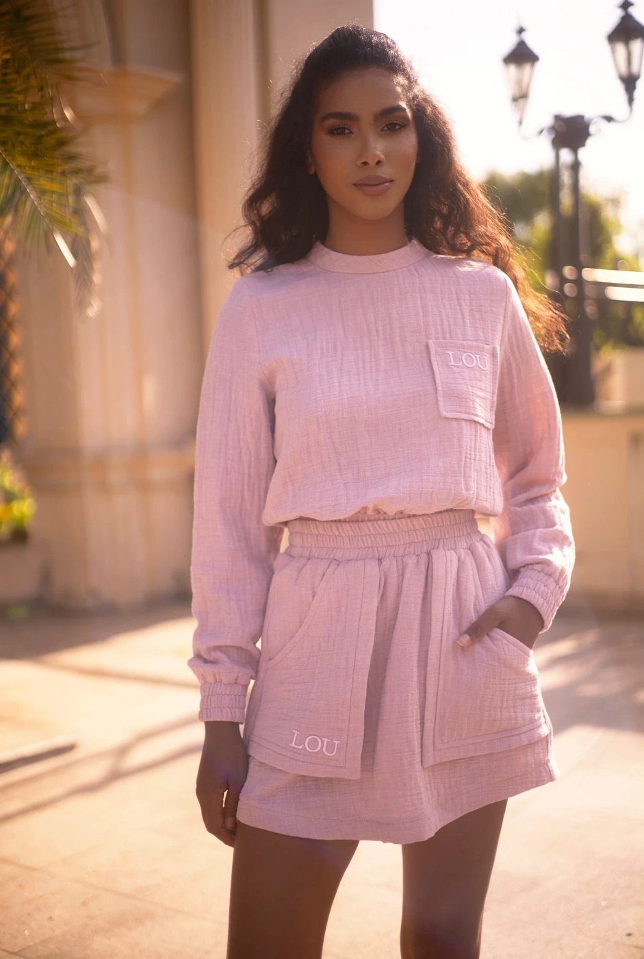 Kama - Pink tracksuit set with mini skirt and embroideries