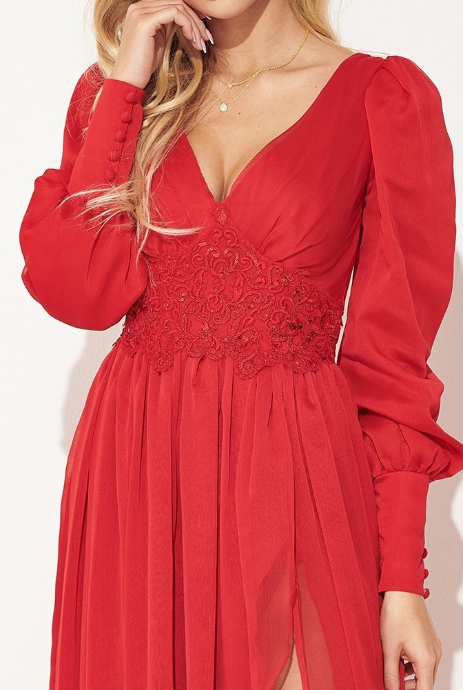 Pilar - rotes langes Kleid mit Stickerei