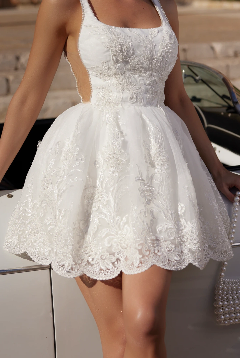 Siula - Mini Wedding Dress with a Unique Pattern and Pearl Trim