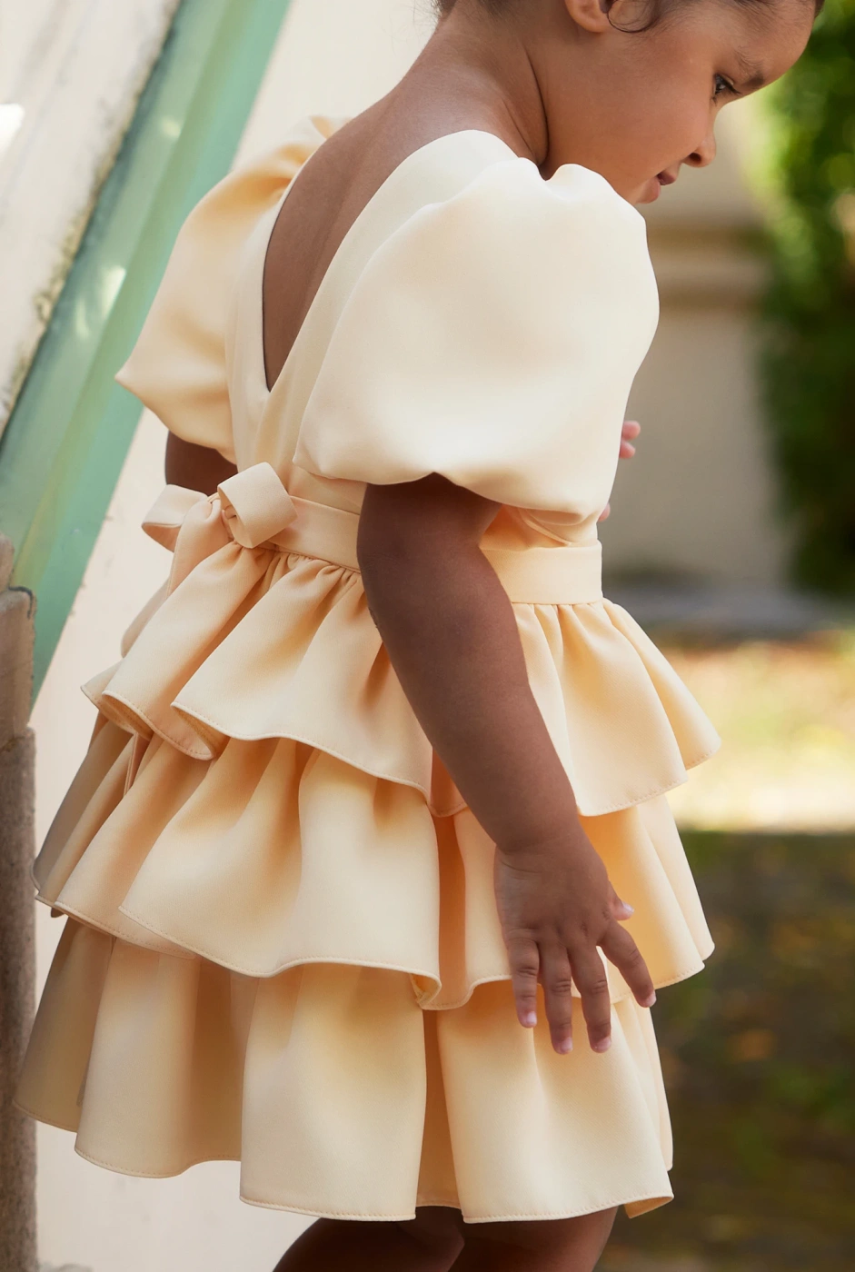 Tide - Yellow Children's Dress with Buff Sleeves and Frills + Hariband