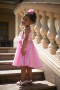 Dive - Babykleid in Rosatönen mit handgefertigten Blumen und verstellbaren Trägern + Haarband