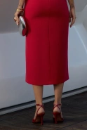 Marisol – red midi dress with stand-up collar and puff sleeves