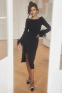 Soledad - Schwarzes Midikleid mit Federn für besondere Anlässe