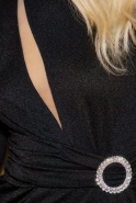 Ariana - Black Maxi Dress with Ornamental Buckle, Shoulder Pads and Zircons