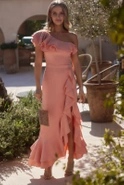 Airine - Corset Dress in Peach Shade with Asymmetrical Neckline and Frills