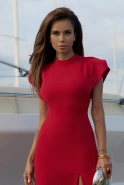 Marisol – red midi dress with stand-up collar and puff sleeves