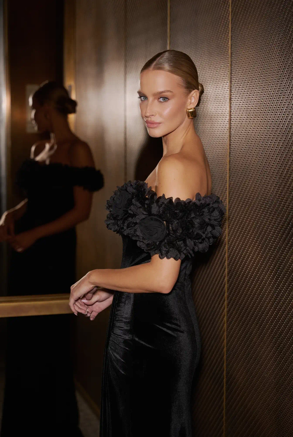 Klaudia – black maxi dress with floral embellishment