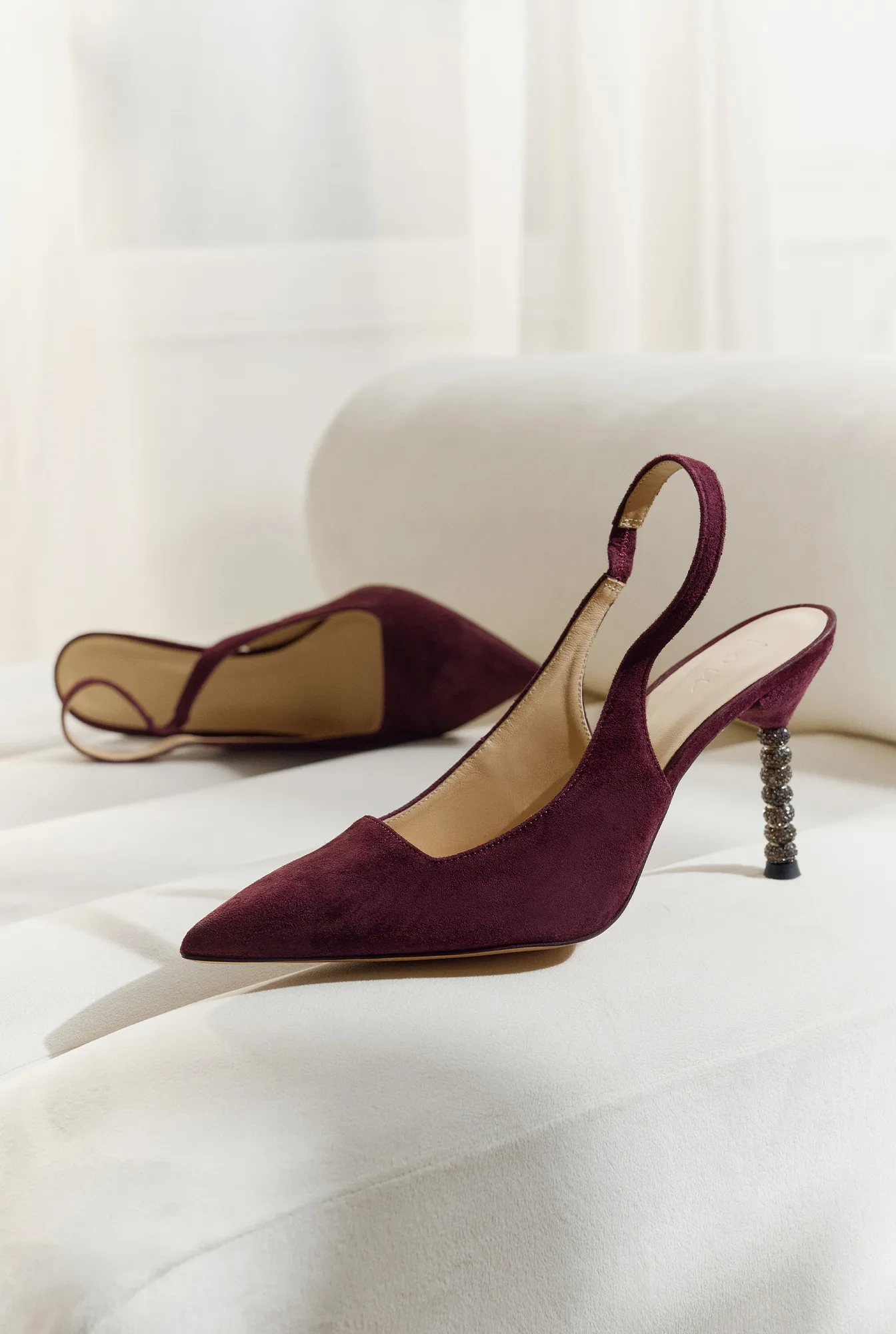 Briella – burgundy high heels with rhinestones in the heel