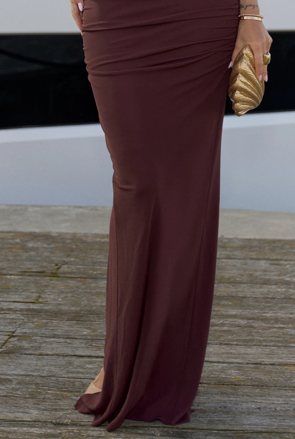 Dorita – chocolate maxi dress with decorative neckline